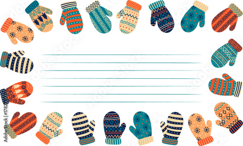 colorful cute winter knitted mittens gloves frame border pattern kids postcard design cozy holiday christmas season new year greeting card vector illustration