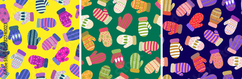 seamless pattern set colorful knitted winter mittens scandinavian style christmas ornaments bright yellow green dark blue background textile wallpaper