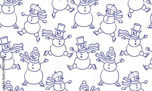cute winter seamless pattern cheerful christmas snowmen wearing top hats skating on ice funny festive drawing design element fabric wrapping paper wallpaper