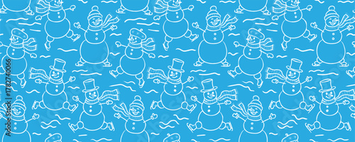 seamless background funny smiling outline snowmen on ice skates in various poses christmas season characters children print banner holiday decoration
