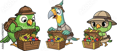 Cute parrot explorers discovering fruit treasure chest, tropical adventure cartoon birds, colorful jungle illustration, exotic wildlife character art design