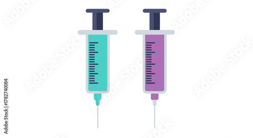Two medical syringes filled with liquids teal and purple colors displayed