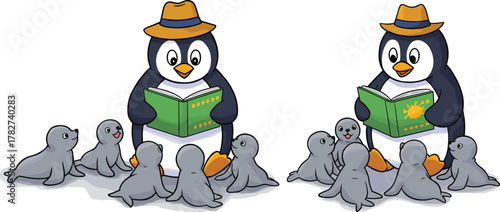 Cute penguin reading storybook to baby seals, adorable animal education concept, cartoon illustration for kids learning and storytelling scene