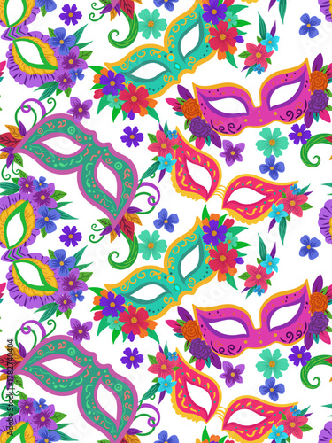 hand drawn vibrant floral mardi gras carnival mask seamless vertical pattern design element for greeting cards party invitation poster venetian masquerade