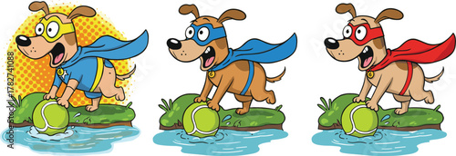 Cute superhero dog cartoon playing with tennis ball near water, funny animal illustration, comic puppy hero costume art