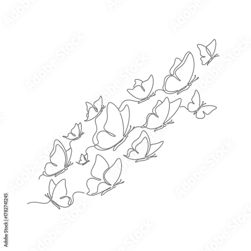 A delicate swarm of butterflies in a minimalist line art silhouette