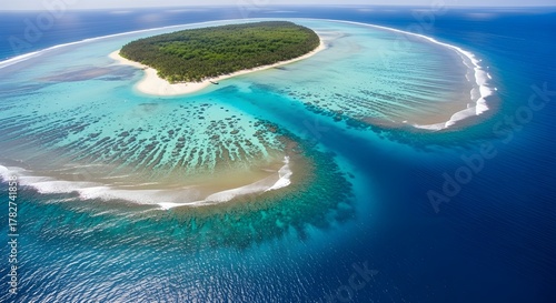 Aerial view of a tropical island with turquoise waters and lush green vegetation in fiji