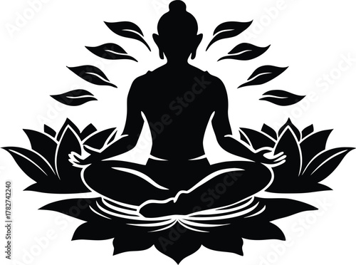 Spiritual Man Meditating By Lotus Pond Silhouette | Peaceful Mindful Artwork