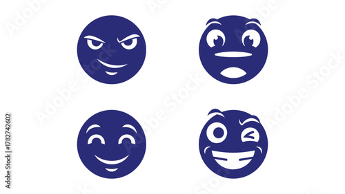 Collection of Minimalist Blue Emoticons Expressing Various Emotions Isolated on White Background for Digital Use