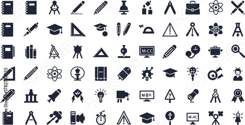 Education icons, school tools, learning symbols, academic equipment, study supplies, classroom elements, student resources, university and science design