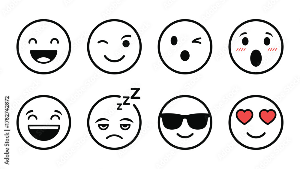 Fototapeta premium Variety of Emotional Expressions Eight Different Emoji Vector Set with Happy Winking Sleeping and Surprised Faces