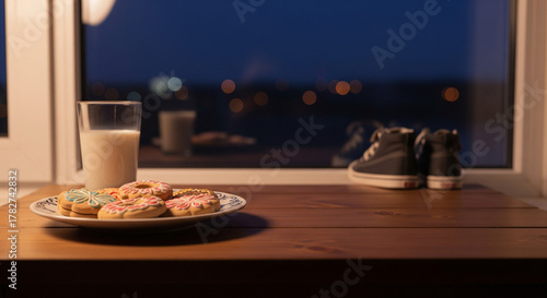 Shoes by the window with cookies and milk, a Spanish tradition for the Three Kings (Reyes Magos) on Epiphany.