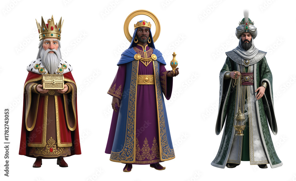 Obraz premium Detailed 3D Render of the Three Kings (Reyes Magos). A realistic illustration of the Wise Men for Christmas.