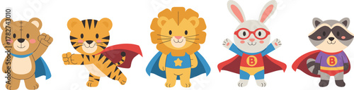 Superhero Animal Vector Set Featuring Bear, Tiger, Lion, Rabbit, and Raccoon in Capes and Costumes for Kids, Fun, and Character Design