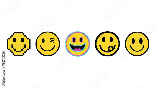 Diverse collection of expressive smiley faces representing different emotions and digital art styles