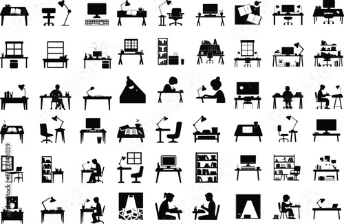 Study Desk Setups Icon Set – Modern Workspace Silhouette Collection Student Desk and Study Table Icons – Creative Workspace Vector Set
