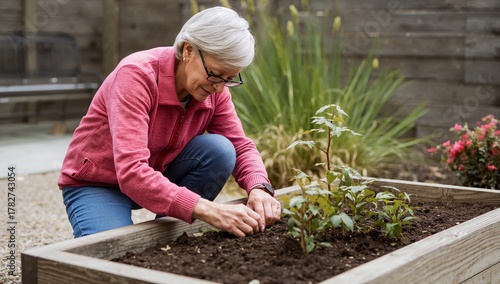 Senior Woman Gardening and Tending to Plants in a Sunny Outdoor Space During ...