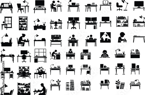 Study Desk Setups Icon Set – Modern Workspace Silhouette Collection Student Desk and Study Table Icons – Creative Workspace Vector Set