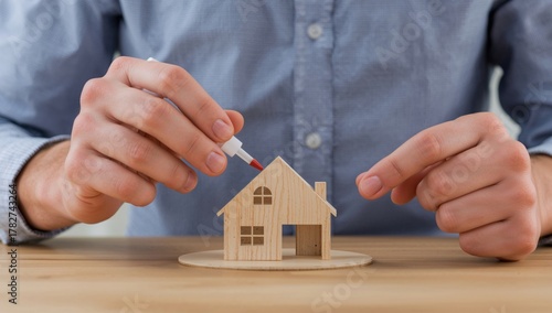 Crafting a Miniature Wooden House Model on a Wooden Table in a Cozy Indoor Space