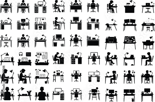 Study Desk Setups Icon Set – Modern Workspace Silhouette Collection Student Desk and Study Table Icons – Creative Workspace Vector Set