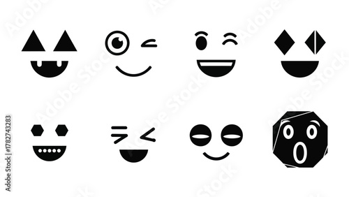 Collection of eight emoticon faces with a variety of unique simple expressions