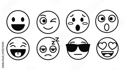 Set of cute and funny emoji faces expressing various emotions vector illustration