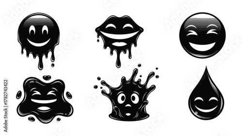 Set of Black Liquid Emoticons with Glossy Effect on White Background Happy and Expressive