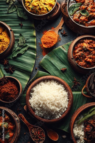 Colorful Indian Dishes With Fragrant Spices and Rice Arranged on Banana Leaves
