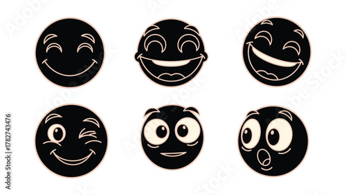 Set of cartoon faces expressing different emotions happy laughing winking surprised and excited vector illustration