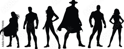 Superhero Silhouette Vector Set Featuring Dynamic Poses, Capes, and Action Stances for Comic Art, Character Design, Posters, and Entertainment Themes