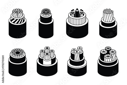 Electric cable cross section wire icons vector set