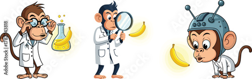 Funny cartoon monkeys scientists experimenting with bananas, laboratory research concept, science technology innovation with cute animal characters illustration