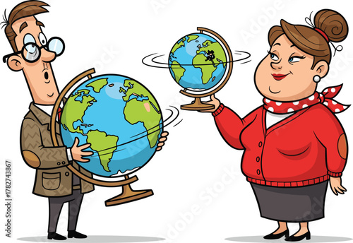 Funny cartoon teachers holding globes, geography educators discussing world map, global education and learning concept illustration design