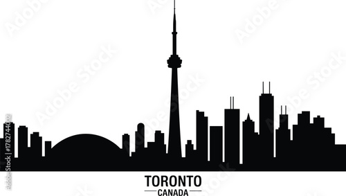 Toronto skyline silhouette with CN Tower and city buildings in black and white vector for Canada travel, architecture, and urban design