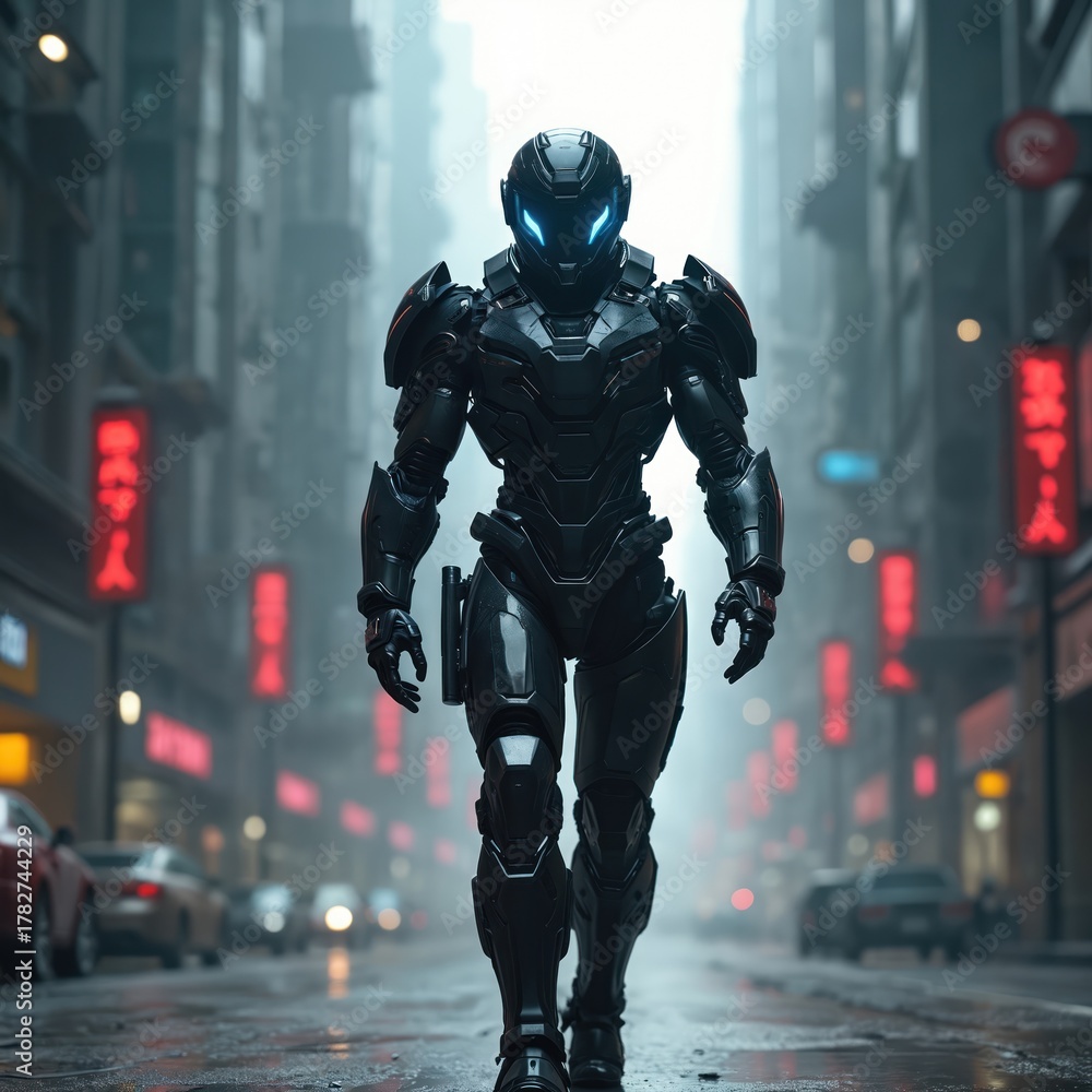 Naklejka premium Futuristic cyborg soldier walks on street in city. Advanced armor suit man with lights in town. Sci-fi warrior in mechanical costume concept. AI art soldier in cyber world future.