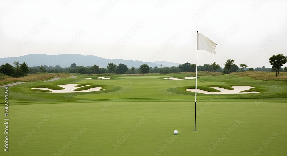 Obraz premium Golf course with sand traps and white flag in a summer day