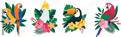 Tropical Birds on Flowering Branches – Vector Set of Colorful Parrots, Cockatoo, and Toucan with Jungle Leaves for Nature, Decor, and Kids