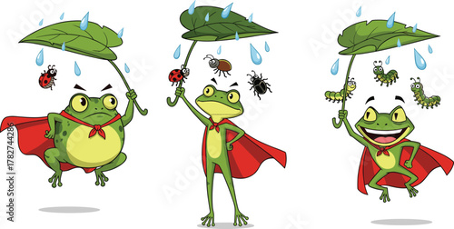 Funny superhero frogs holding leaf umbrellas, cute cartoon amphibians in red capes with insects, raindrop nature character illustration