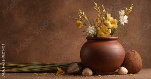 Beautiful Floral Arrangement in a Clay Vase With Coconuts on a Brown Background