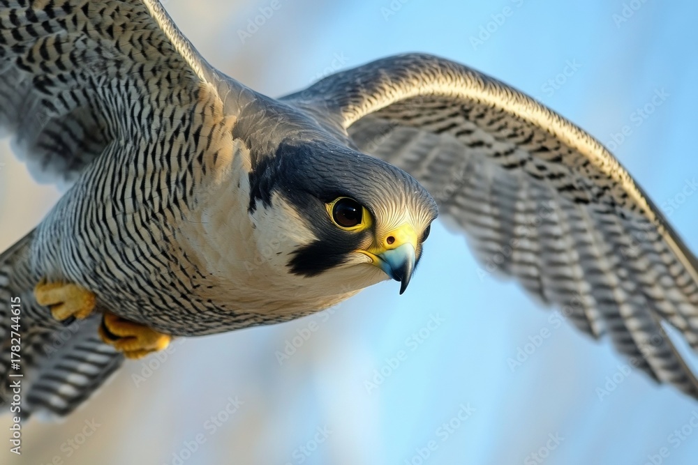 Fototapeta premium A falcon soaring through the sky with its wings fully extended and eyes focused on prey.