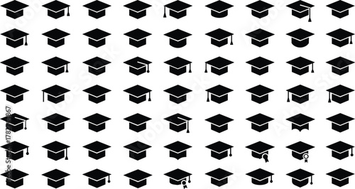 Graduation cap icons, academic hat symbols, education success, university degree, college ceremony, learning, achievement, student milestone design
