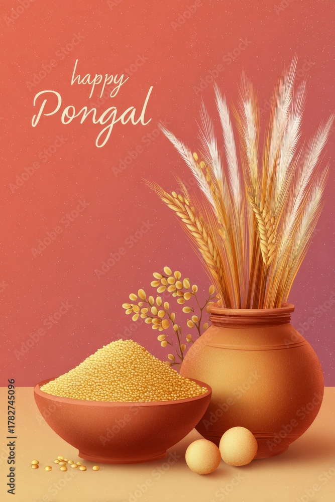 Naklejka premium Celebrate Pongal With Traditional Elements Including Grains, Pottery, and Wheat Decorations