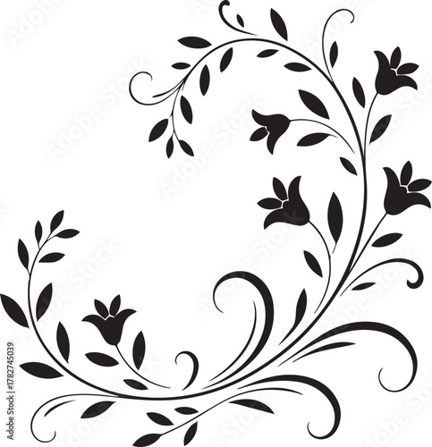 Black floral vine with bell shaped flowers and swirling tendrils on white background plant nature