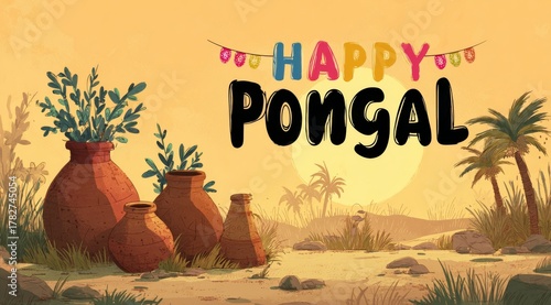 Celebrating Pongal With Traditional Pots and Palm Trees at Sunset in a Vibran...