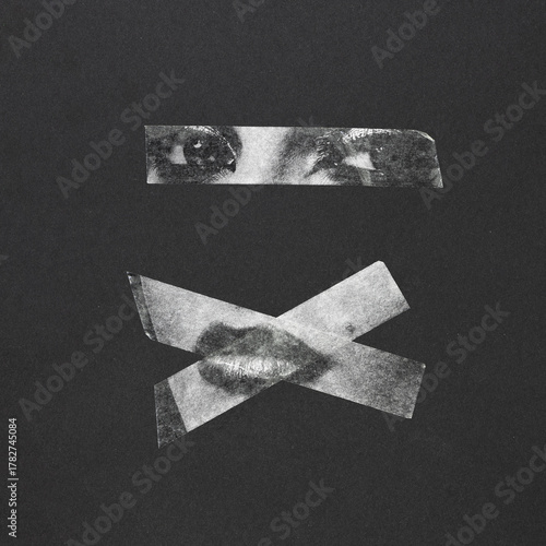 Abstract collage illustration of woman portrait silhouette on duct tape. X and line shapes of adhesive tape. Eyes and lips visible duct tape. Grunge, noise effect applied. Retro vintage style