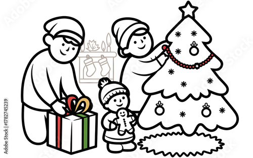 Wallpaper Mural Merry Christmas celebration, family, black and white line drawing of xmas tree, coloring page, graphic design illustration wallpaper  Torontodigital.ca