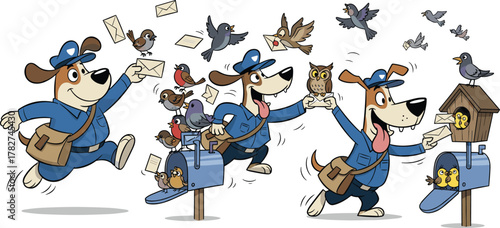 Happy cartoon dog mailman delivering letters with flying birds, blue mailboxes, owl, birdhouse, cheerful post delivery scene illustration