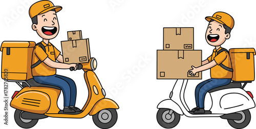Happy delivery men riding scooters with parcels, courier service illustration, fast shipping concept, express delivery cartoon characters