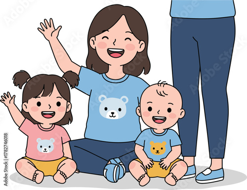 Happy family with mother, daughter, and baby illustration, smiling mom and kids, parenting, family love, childhood happiness