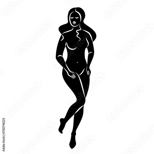 Silhouette of a nice lady, she is standing. The girl has a beautiful naked figure. The woman is a young sexy and slender model. Vector illustration.
